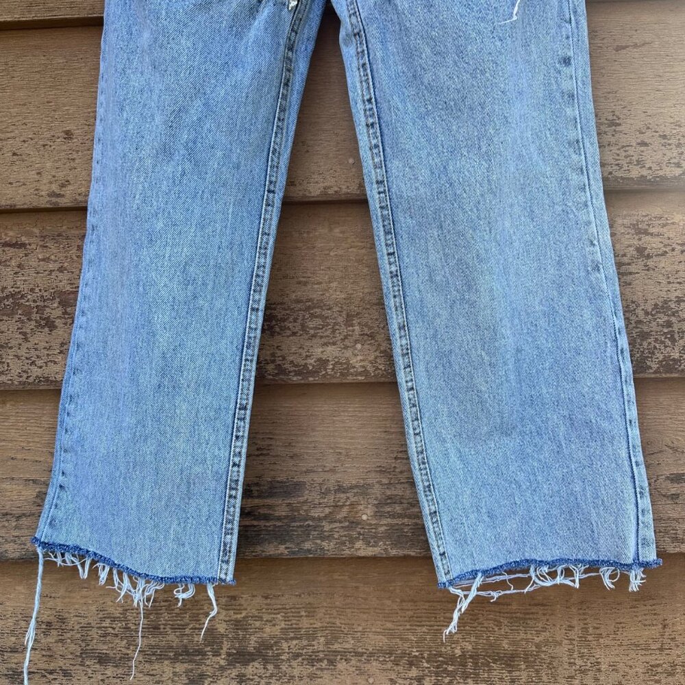 Distressed Blue Denim Jeans W/ Rhinestone Trim & Raw Hem For Women - Picture 4 of 14